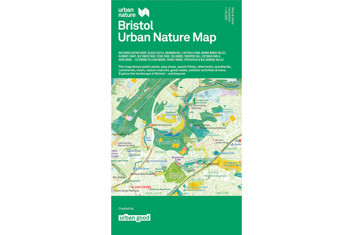 Bristol Urban Nature Map cover by Urban Good, featuring a green header and footer with white text and a detailed illustrated map in the center. The map shows public parks, play areas, sports fields, allotments, woodlands, cemeteries, rivers, nature reserves, great walks and more.