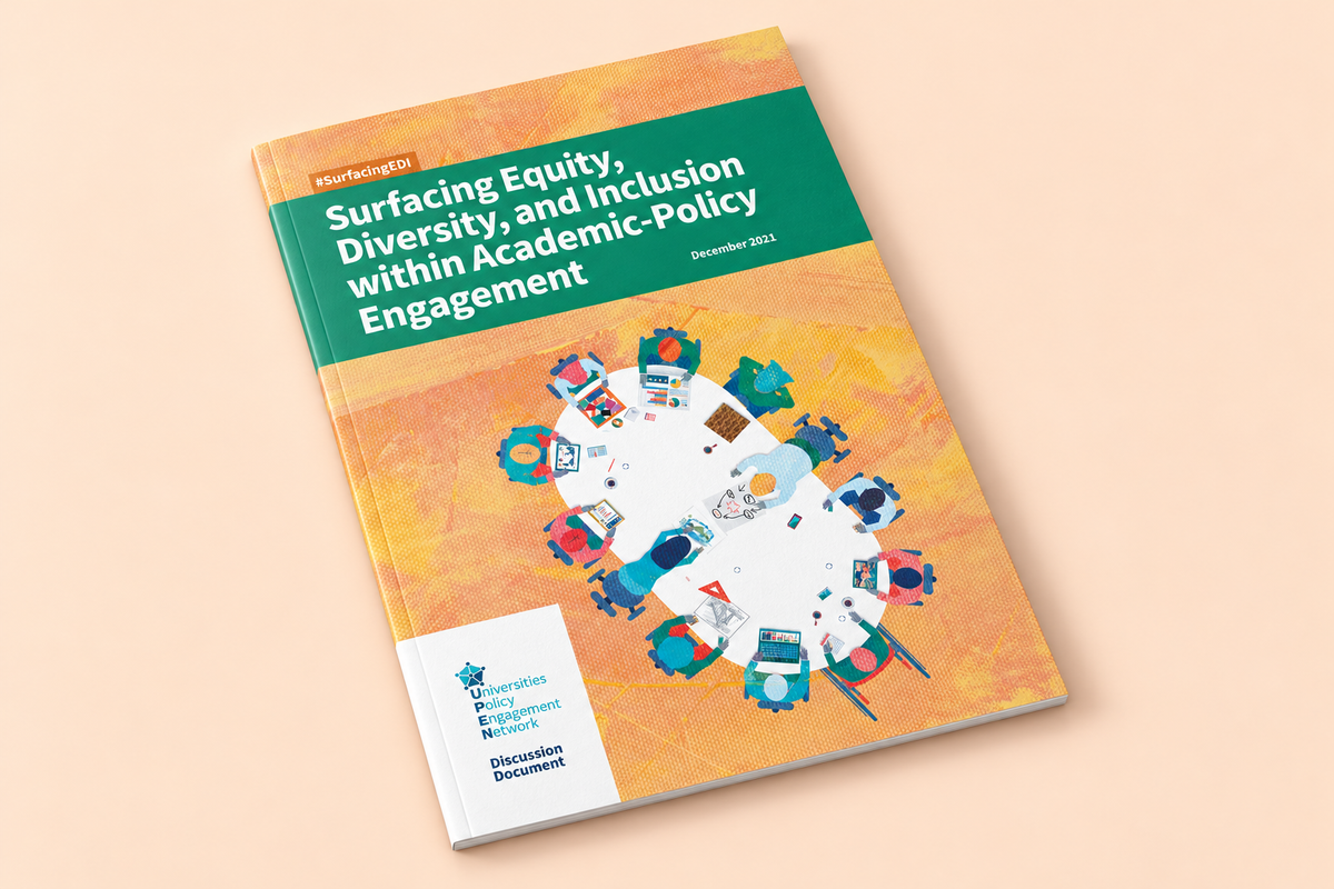 Cover mockup of UPEN’s Surfacing EDI report, with an illustrated shared table, on a pale peach background.