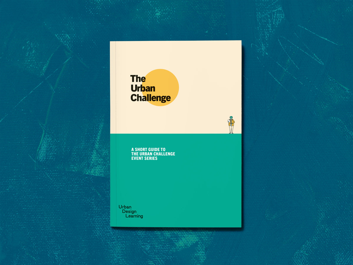 The Urban Challenge cover for Urban Design Learning, with cream and turquoise panels and a yellow circle.
