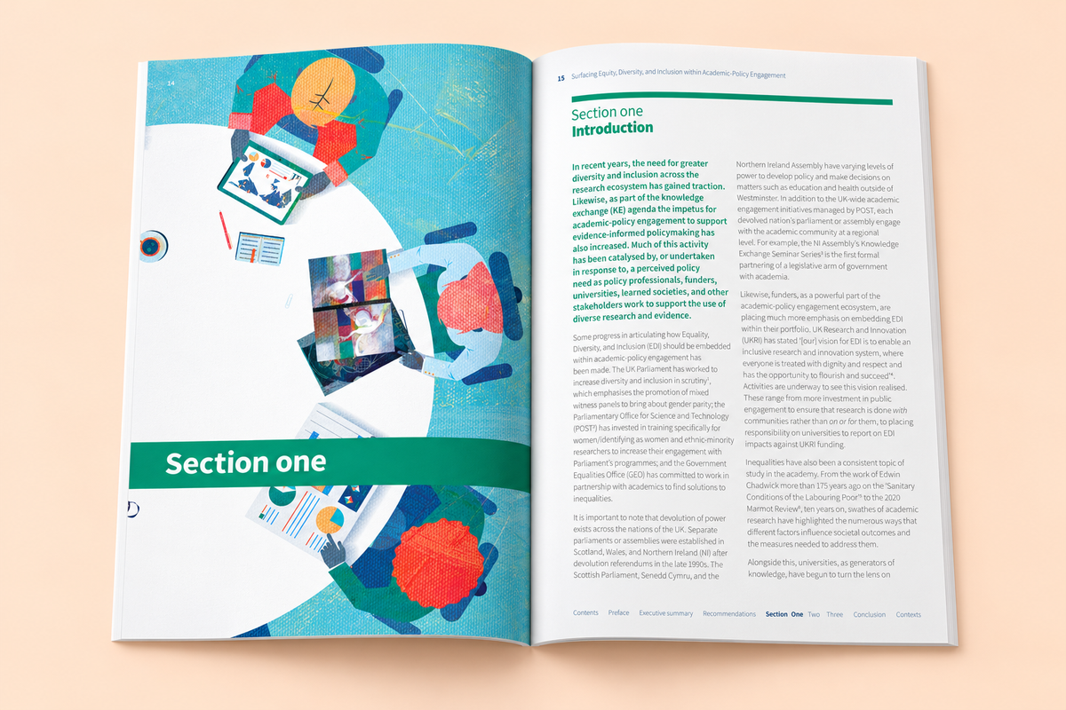 Illustrated chapter opening and Introduction spread mockup from the Surfacing EDI report, designed by Urban Good.