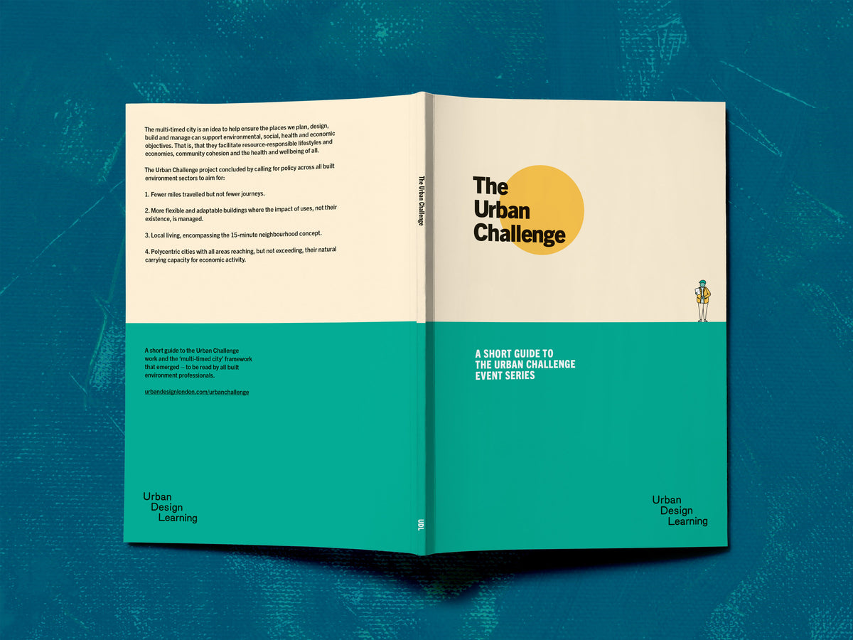 Front and back covers of The Urban Challenge, showing its title and four aims for the multi-timed city.