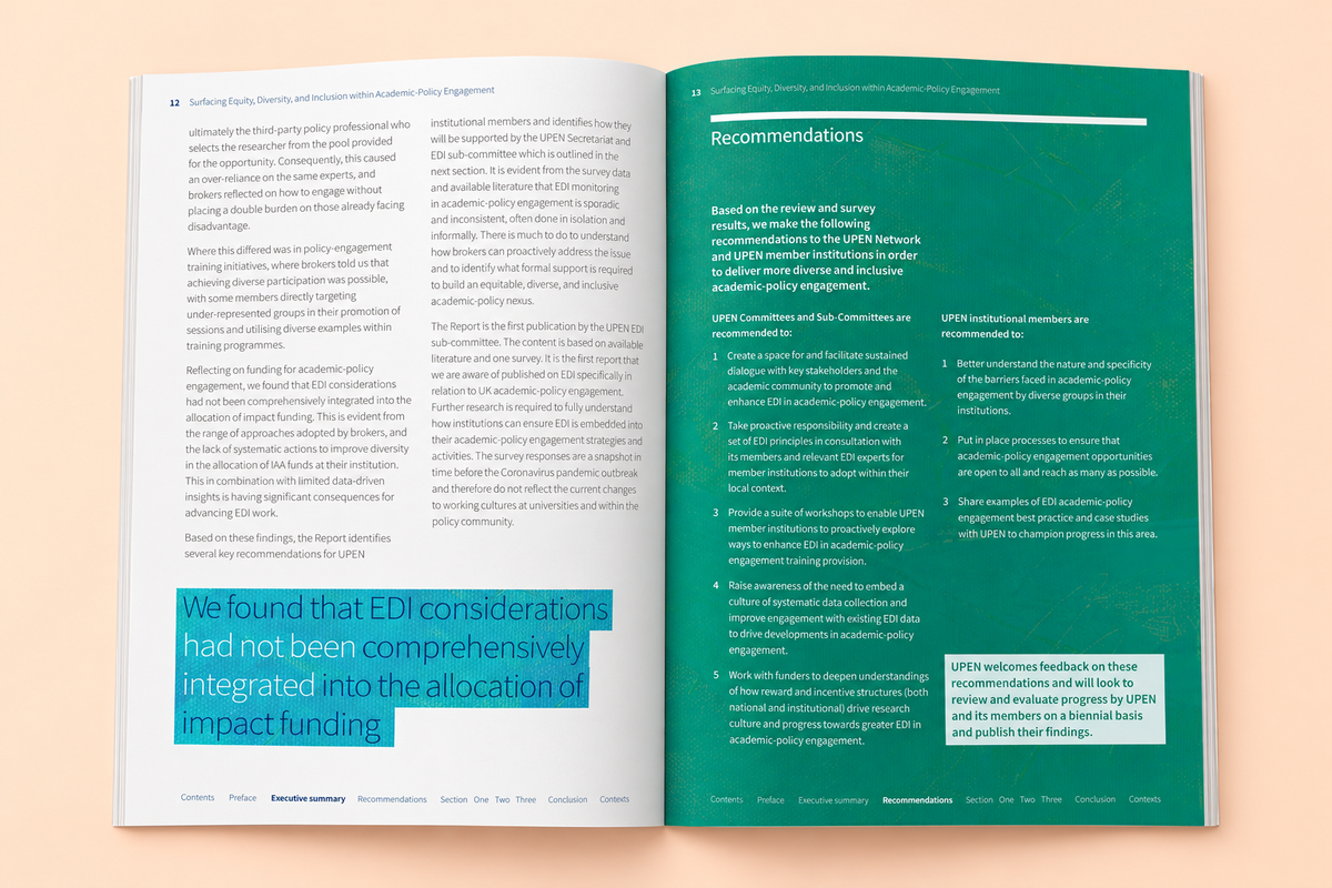 Executive summary and green Recommendations spread mockup from UPEN’s Surfacing EDI report.
