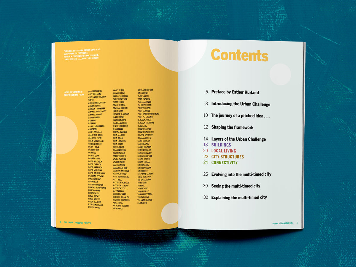 The Urban Challenge contributors and contents spread, with a yellow credits page and colour-coded chapter listings.
