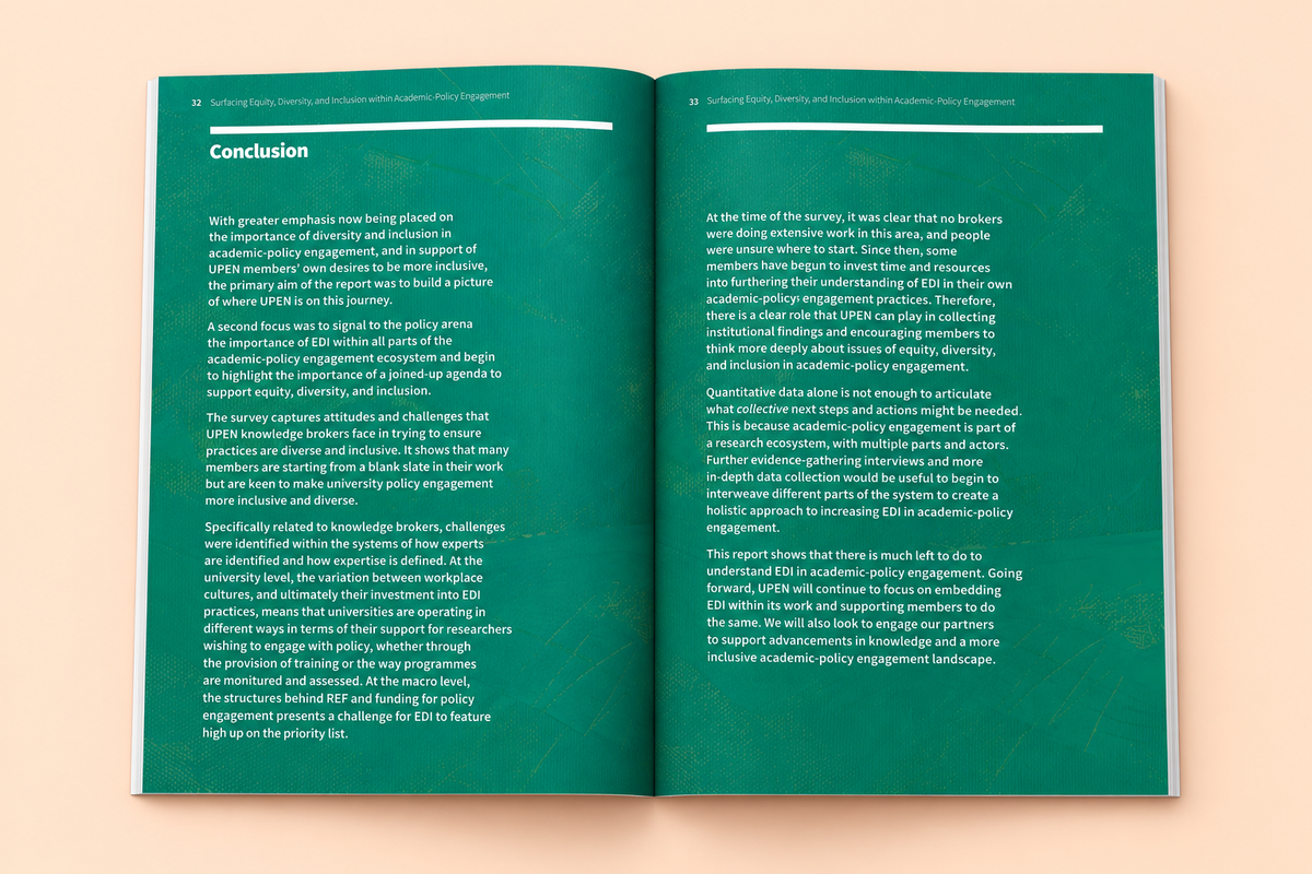 Green Conclusion spread mockup with white typography from UPEN’s Surfacing EDI report.