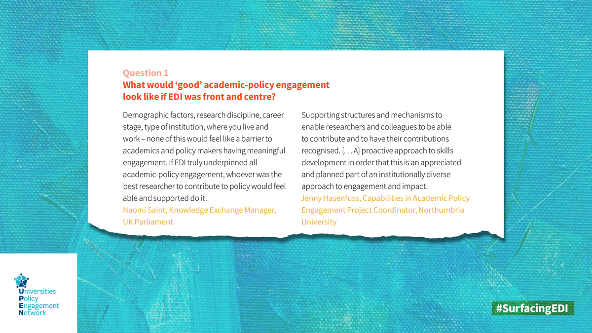 Social-media card asking what good academic-policy engagement would look like with EDI at its centre.