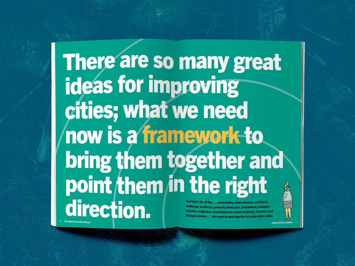Turquoise typographic spread in The Urban Challenge calling for a framework to connect ideas for improving cities.