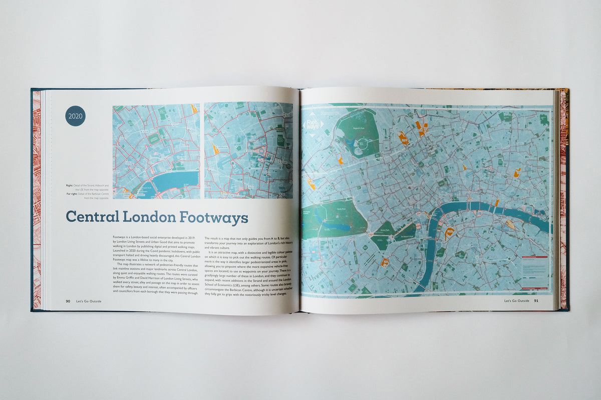 Pages 90–91 of Modern London Maps, showing Central London Footways: text and enlarged map details on the left and the turquoise walking map on the right.