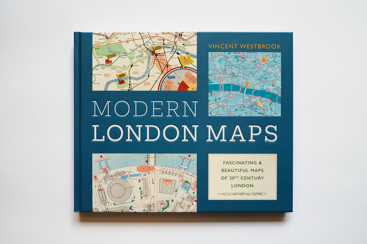 Front cover of Modern London Maps by Vincent Westbrook, with a turquoise detail from the first-edition Central London Footways map at the top right.