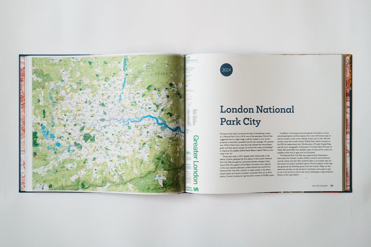 Pages 88–89 of Modern London Maps, with the green London National Park City Map on the left and text headed London National Park City on the right.