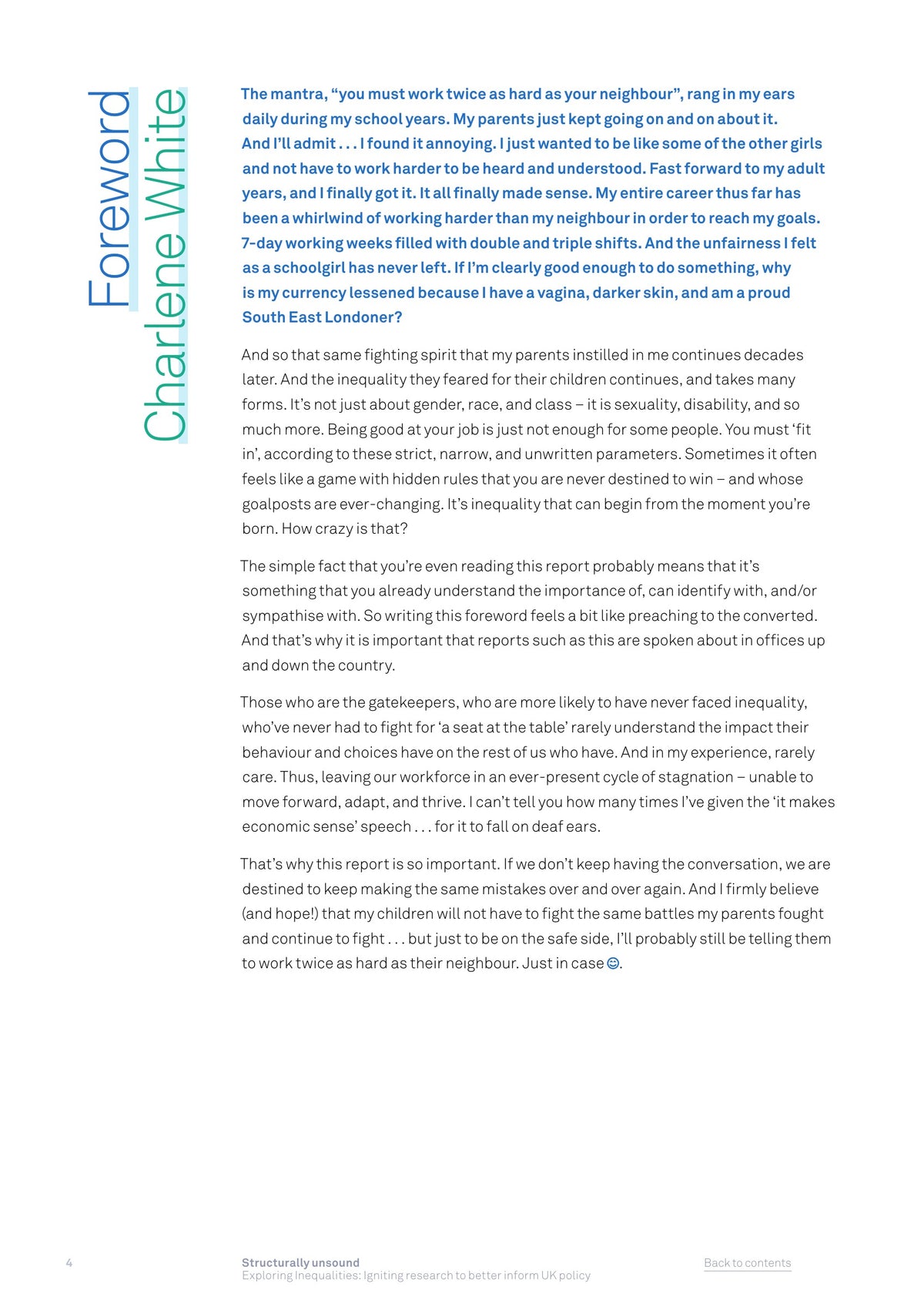 Charlene White’s foreword in Structurally Unsound, showing the report’s typography and page layout.

