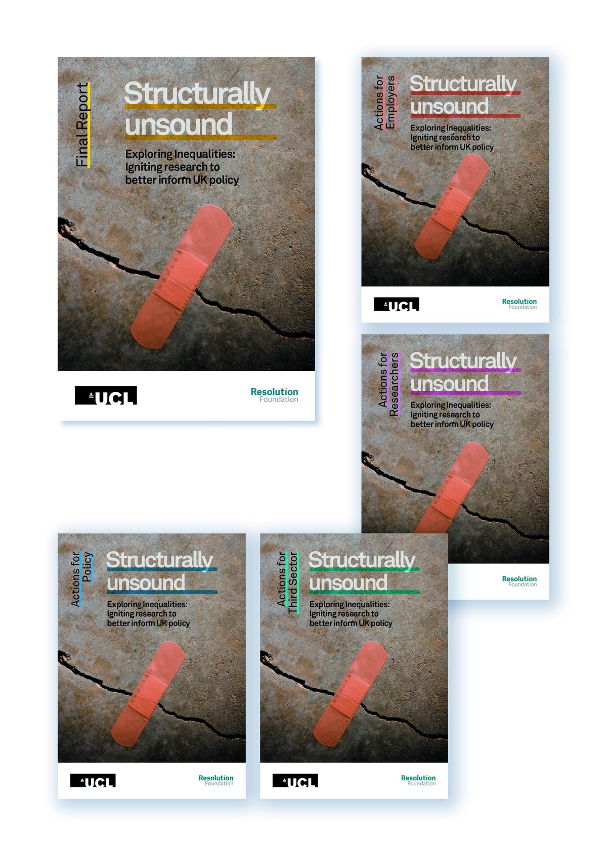 Five Structurally Unsound cover design variations showing different colours for the plaster and title underlining.
