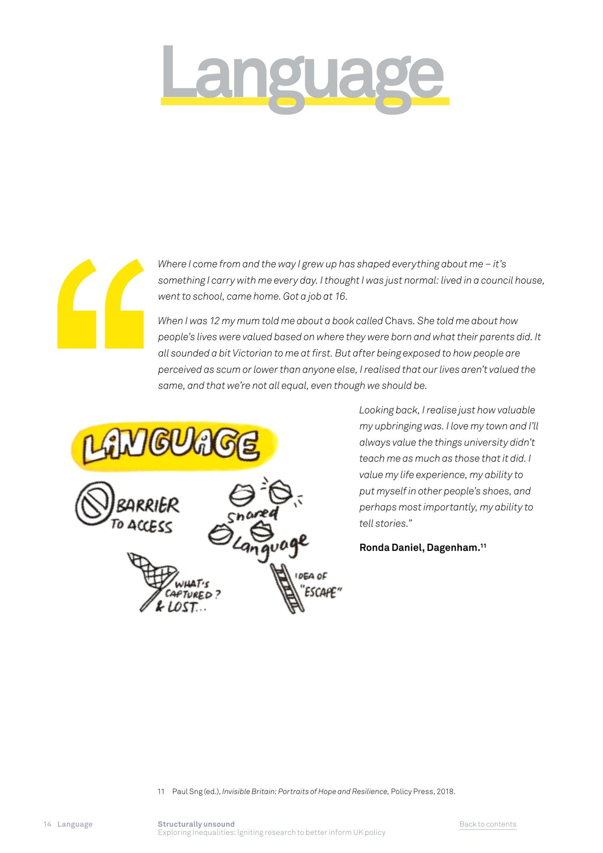 Language chapter opening in Structurally Unsound, combining a personal account with Sandra Howgate’s illustration.
