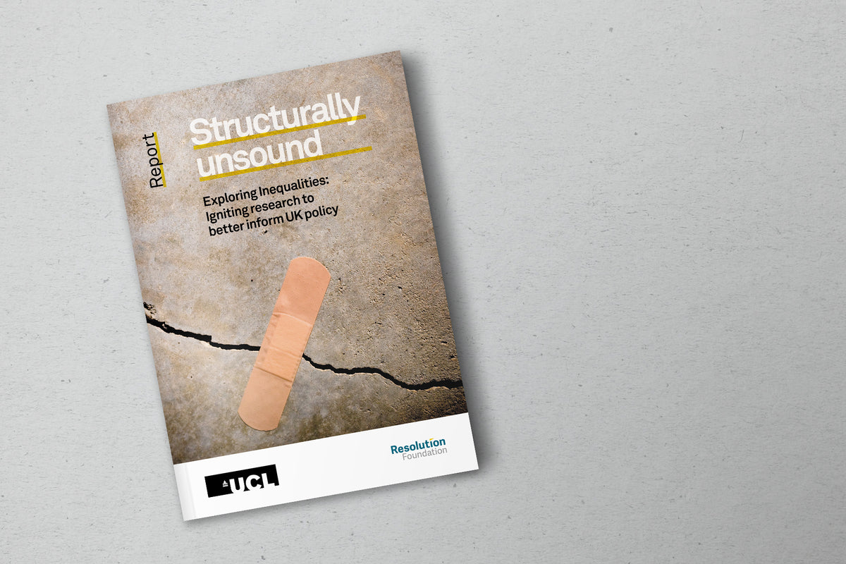 Cover of the Structurally Unsound report for UCL and Resolution Foundation, featuring a plaster across cracked concrete.