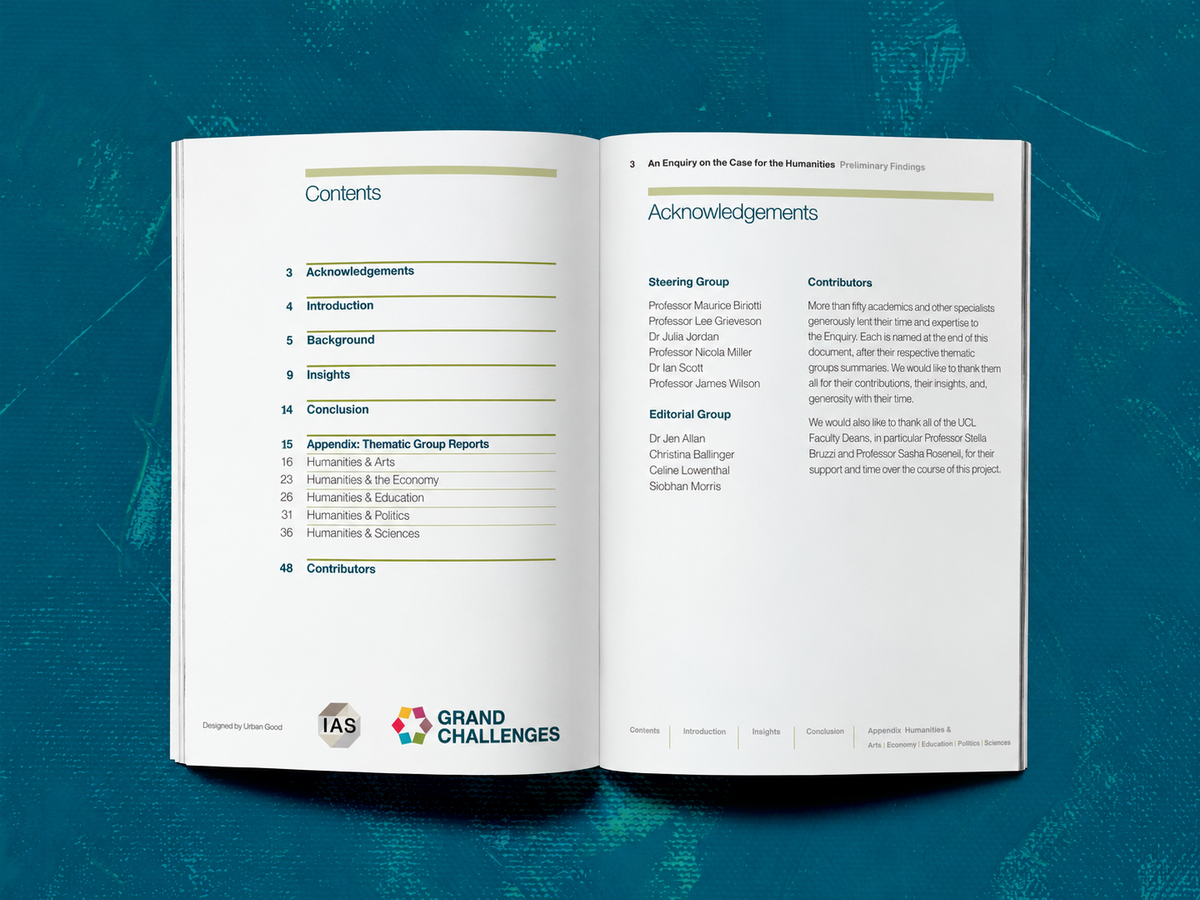 Contents and acknowledgements spread mock-up from UCL’s Case for the Humanities preliminary report.