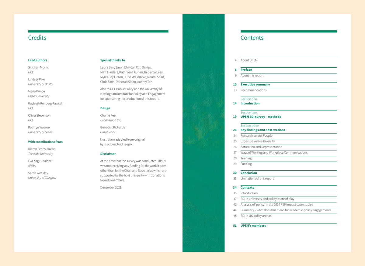 Opening credits and contents spread from UPEN’s Surfacing EDI report, listing authors, contributors, acknowledgements and design credits for Charlie Peel and Benedict Richards.